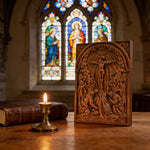 Handcarved Beechwood Crucifix Relief — Let His Sacrifice Settle Into Your Days - Christian gift presentation