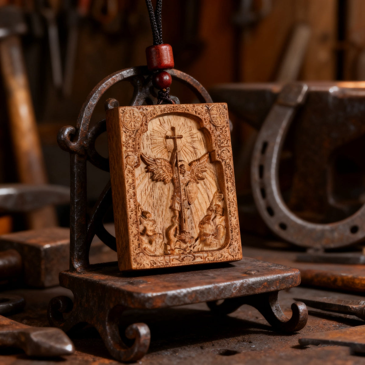 Square Archangel Michael Wooden Pendant for daily faith wear and Christian gifting