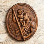 St.Christopher Christian Wood Carving Plaque/The patron saint of travelers - design detail