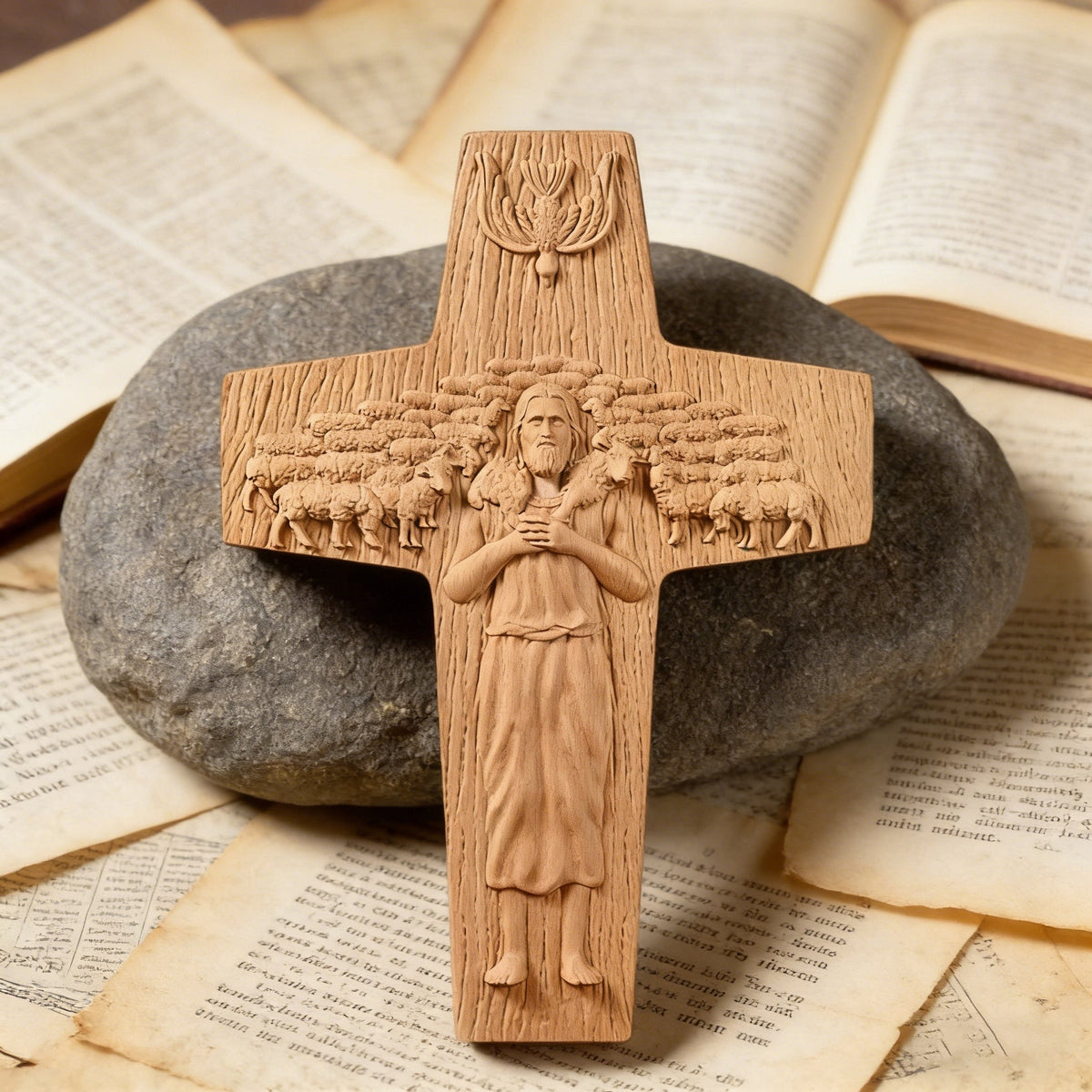 “Good Shepherd” Jesus Shepherd Wooden Wall Hanging - size and finish detail