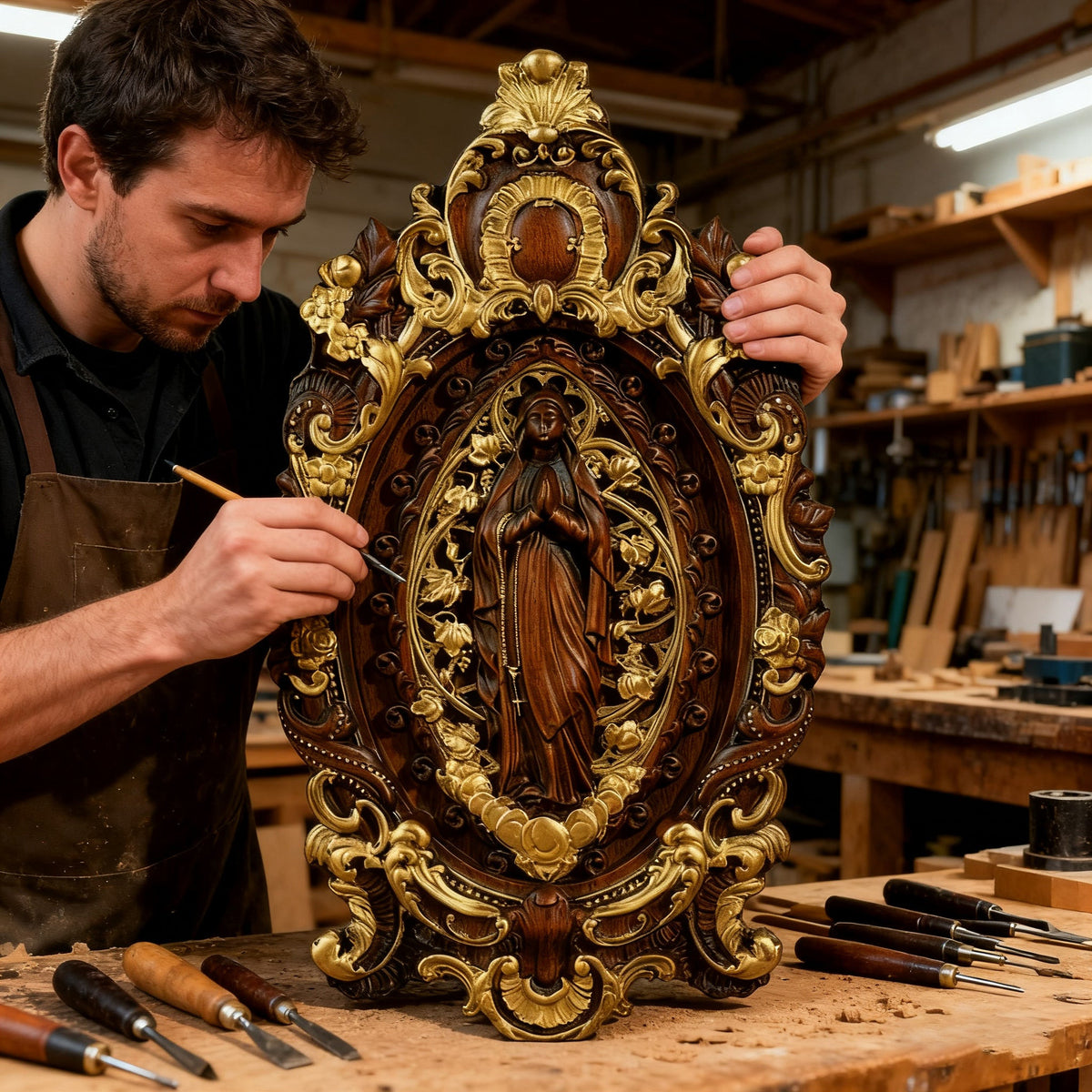 Hand-Carved Our Lady of Grace Wooden Icon: A Christian Symbol of Mary’s Devotion - design detail