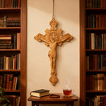 Wood Carving of Jesus Cross with St. Benedict's Exorcism - side view