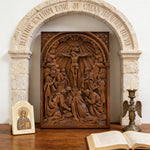 Handcarved Beechwood Crucifix Relief — Let His Sacrifice Settle Into Your Days - size and finish detail