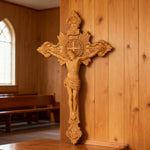 Wood Carving of Jesus Cross with St. Benedict's Exorcism - craftsmanship detail