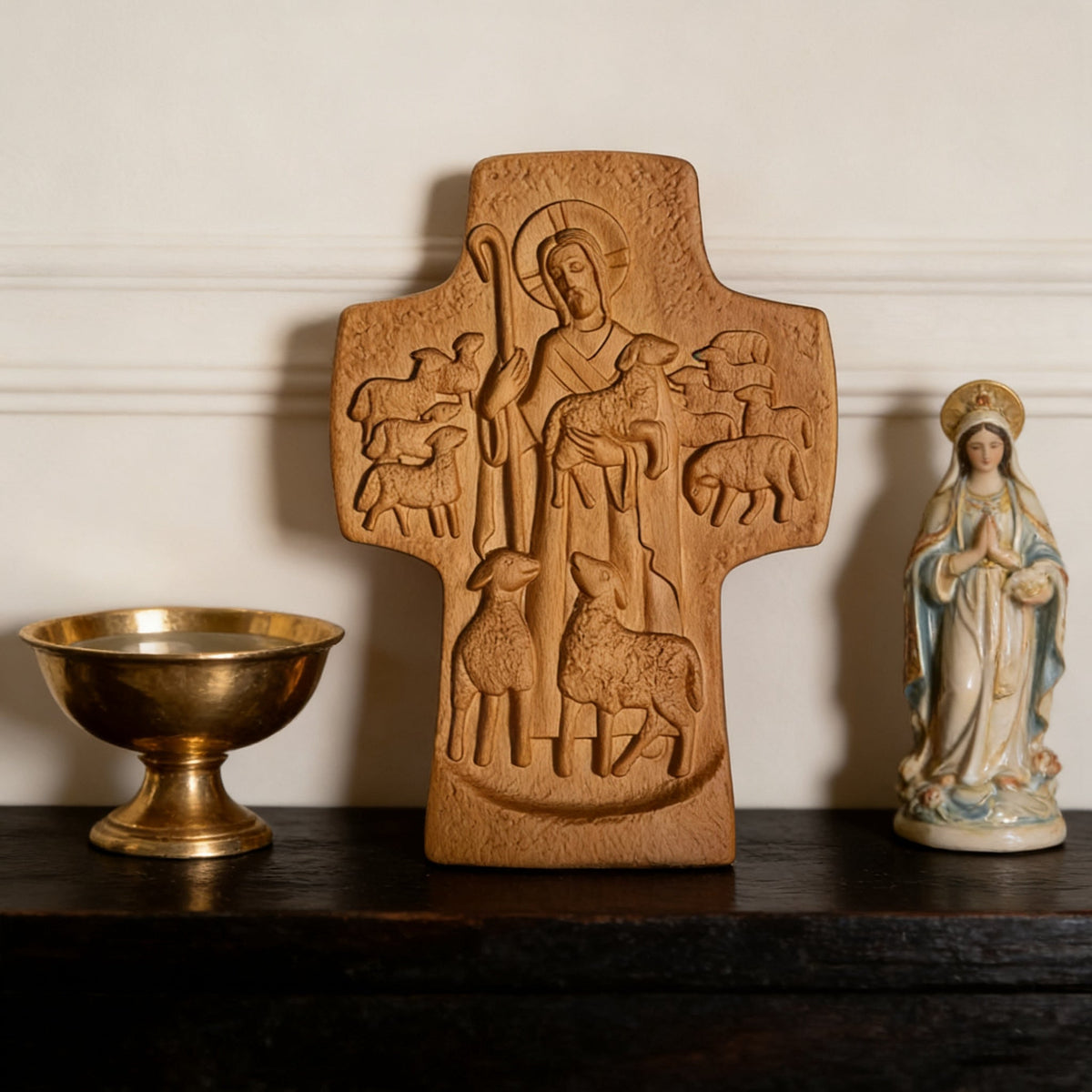 Good Shepherd Wooden Cross: A Religious Gift of Endless Care & Guidance - product view