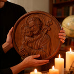 Joseph and Baby Jesus wood carving plaque - Father‘s day gift - design detail