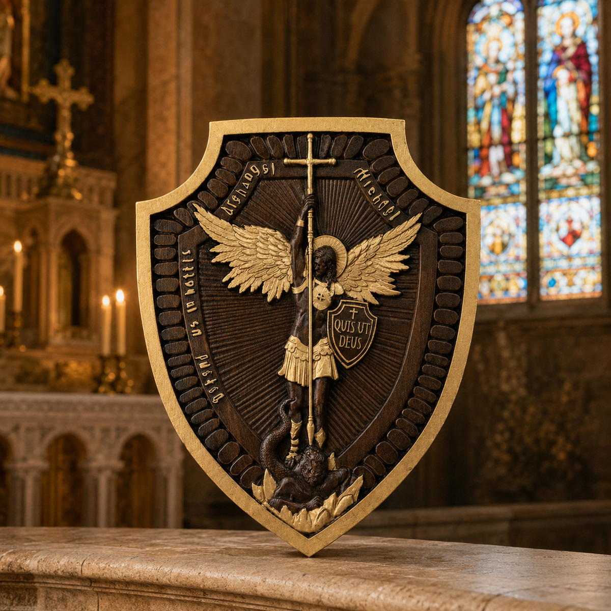 Archangel Michael Beechwood Carving wood grain and carved detail