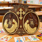 Sacred Hearts of Jesus & Mary Beechwood Plaque – Hand-Carved Devotional Art for Home Prayer - design detail