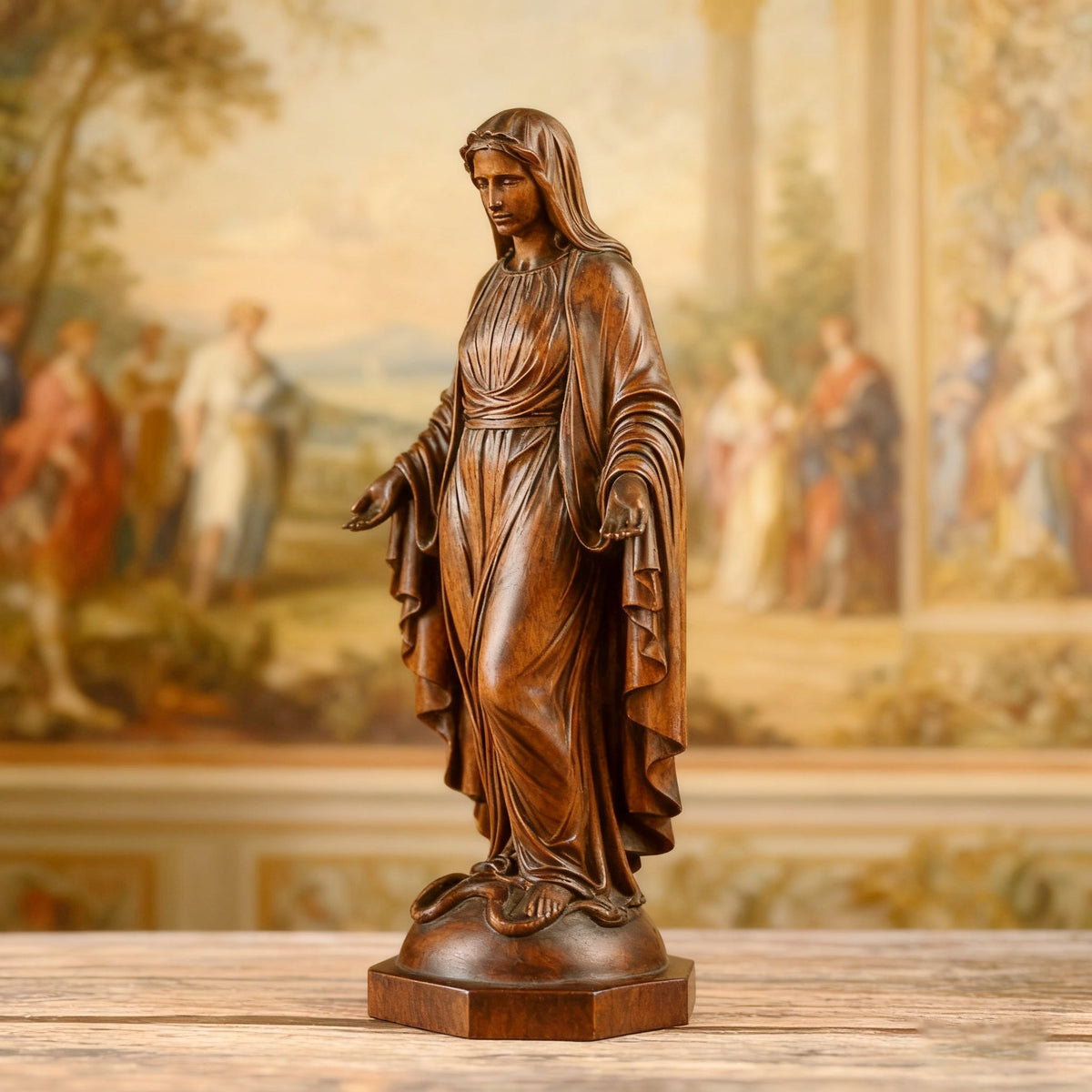 Hand Carved Sacred Heart of Jesus Virgin Mary Wooden Tabletop Ornament - gift presentation
