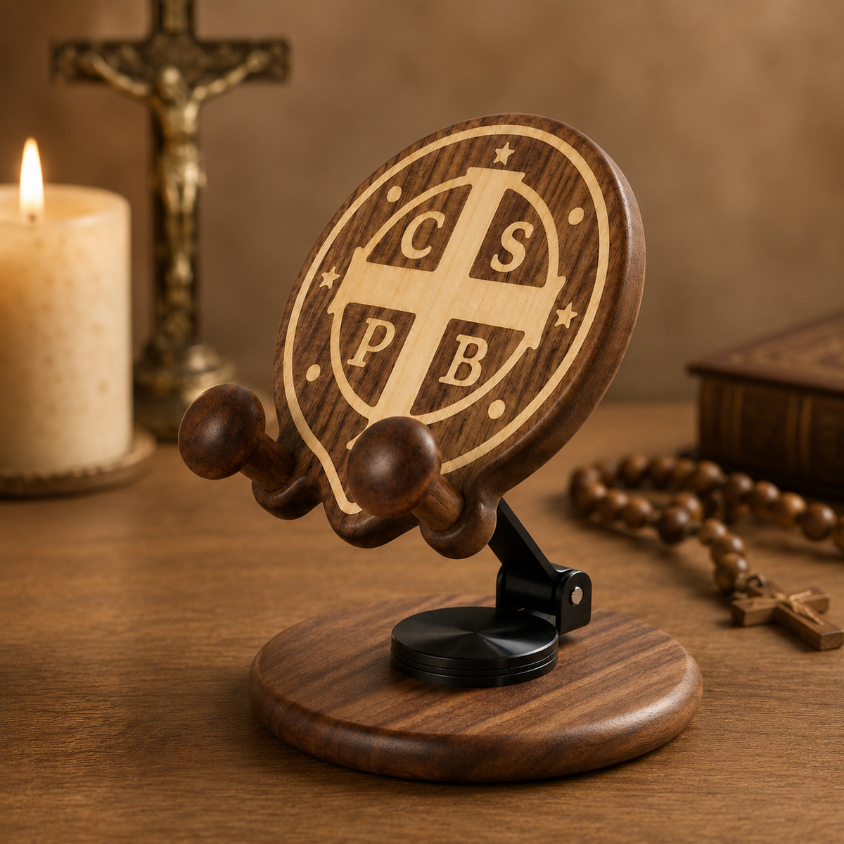 Black Walnut St. Benedict Cross Phone Stand—Foldable and Adjustable Christian Desktop Stand - design detail