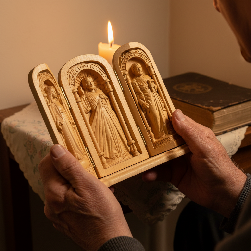 Hand-Carved Travel Triptych Altar: The Holy Family at Your Side - product view