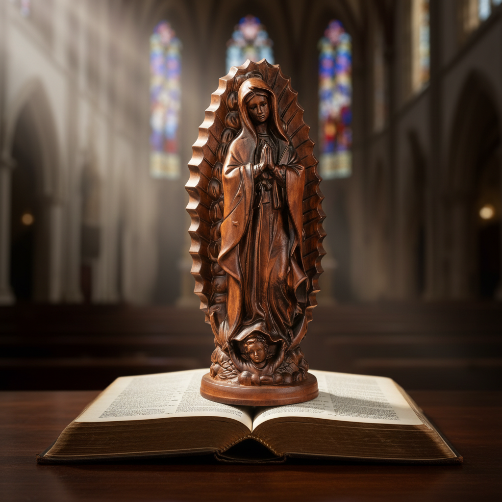 Our Lady of Guadalupe Round Wooden Tabletop Ornament for Christian home display and prayer spaces