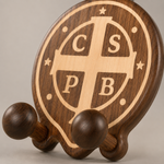 Black Walnut St. Benedict Cross Phone Stand—Foldable and Adjustable Christian Desktop Stand - product view