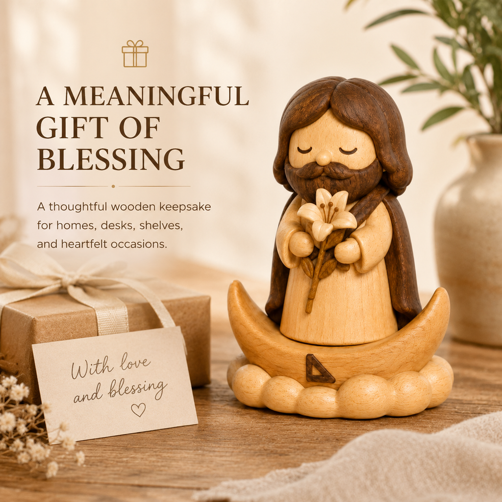 St. Joseph with Lily Wooden Figurine – Original Wood Inlay Blessing Decor