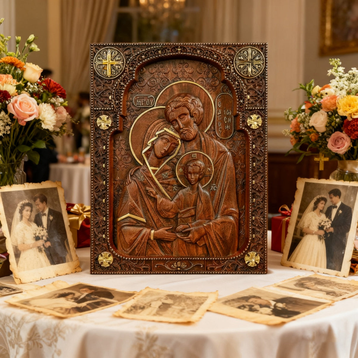 Holy family Nativity Wood Carving Gift Religious Byzantine Icon - product view
