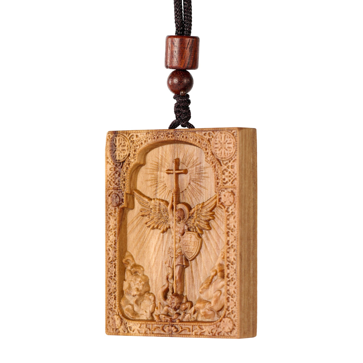 Square Archangel Michael Wooden Pendant - side view