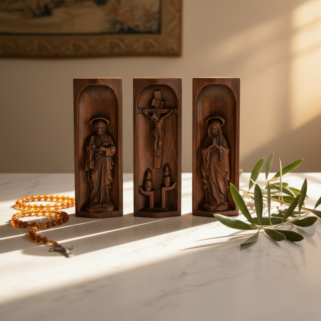 Beech Wood Holy Family Altar Decor - Handcrafted Christian Prayer Desktop Gift - design detail