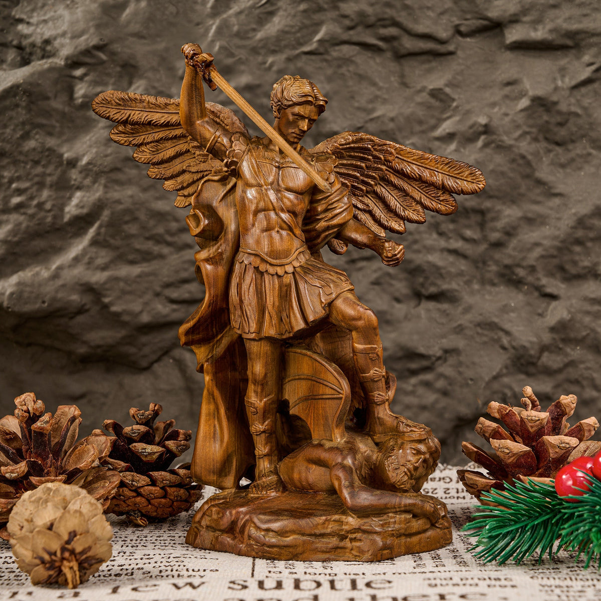 Boxwood Archangel Michael Carving: A Christmas Gift of Divine Protection - size and finish detail