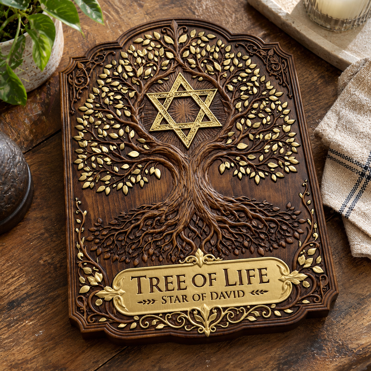 Tree of Life & Star of David Beechwood Wall Plaque