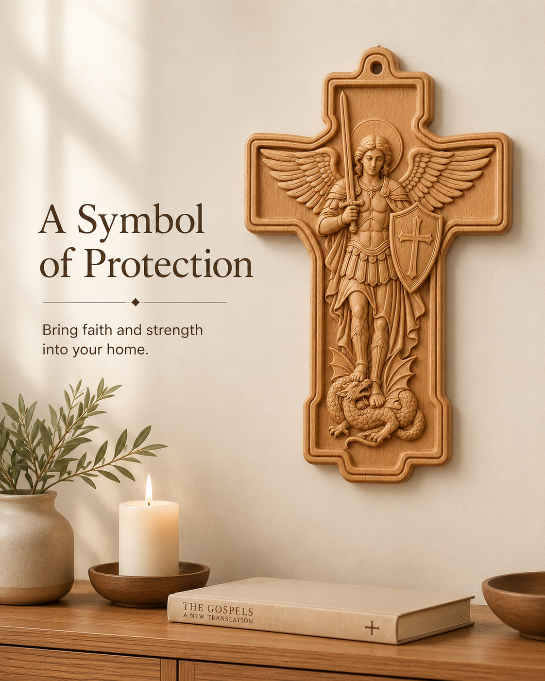 St. Michael Wooden Wall Cross – Beech Wood Relief Carving Christian Wall Plaque