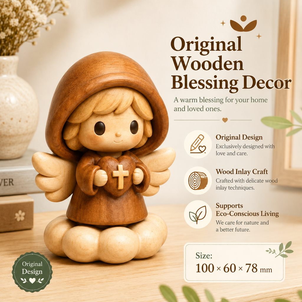 Wooden Angel Blessing Figurine – Original Wood Inlay Craft Gift Decor