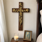 Hand-Carved Rose Cross Wall Art ✝️🌹 | Solid Beechwood Christian Decor with Golden Flowers