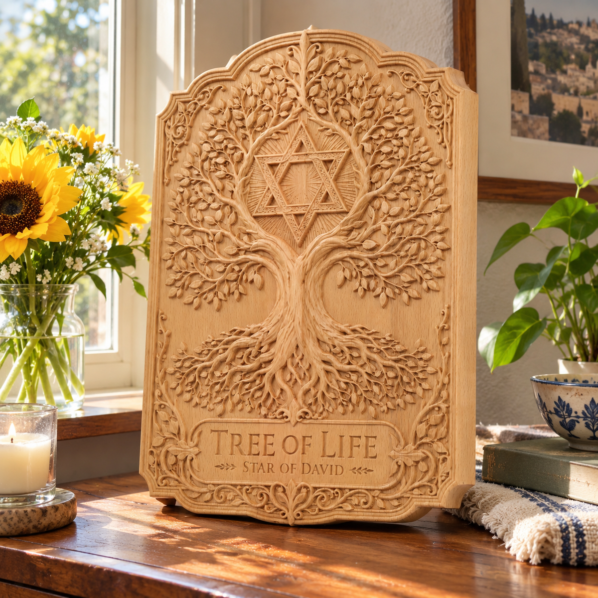 Tree of Life & Star of David Beechwood Wall Plaque