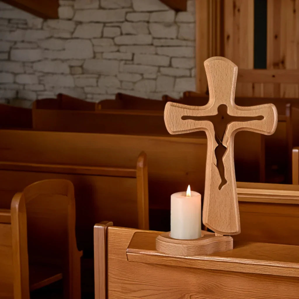 Beechwood Cross Candle Holder: Bearing Faith in Wood, Kindling Devotion with Light - mokarve