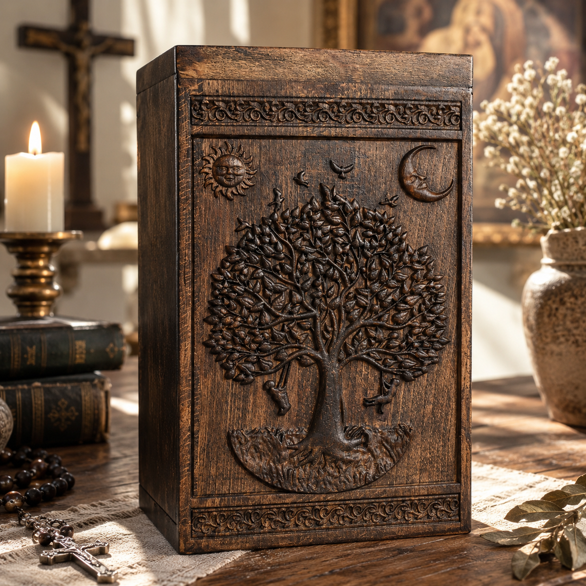 Handcrafted Beechwood Tree of Life Urn — A Testament to Eternal Life in Christ 🌿✞