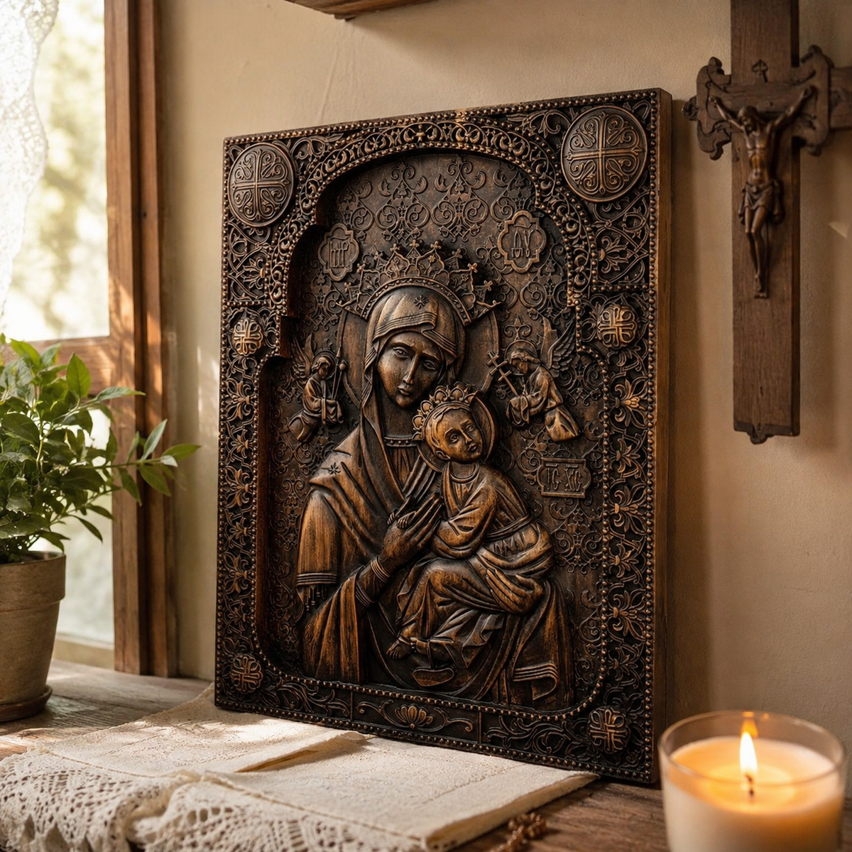 Our Lady of Perpetual Help Wood Art - Hand-Carved Catholic Gift - Mother Mary Comfort Figure
