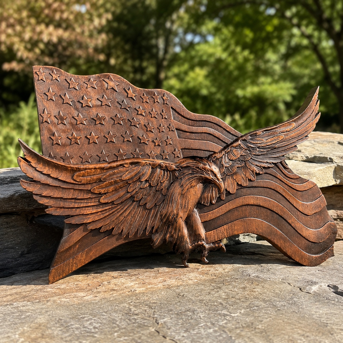 Eagle & Flag Wood Wall Plaque - Handcrafted American Heritage Tribute for Christian home prayer space