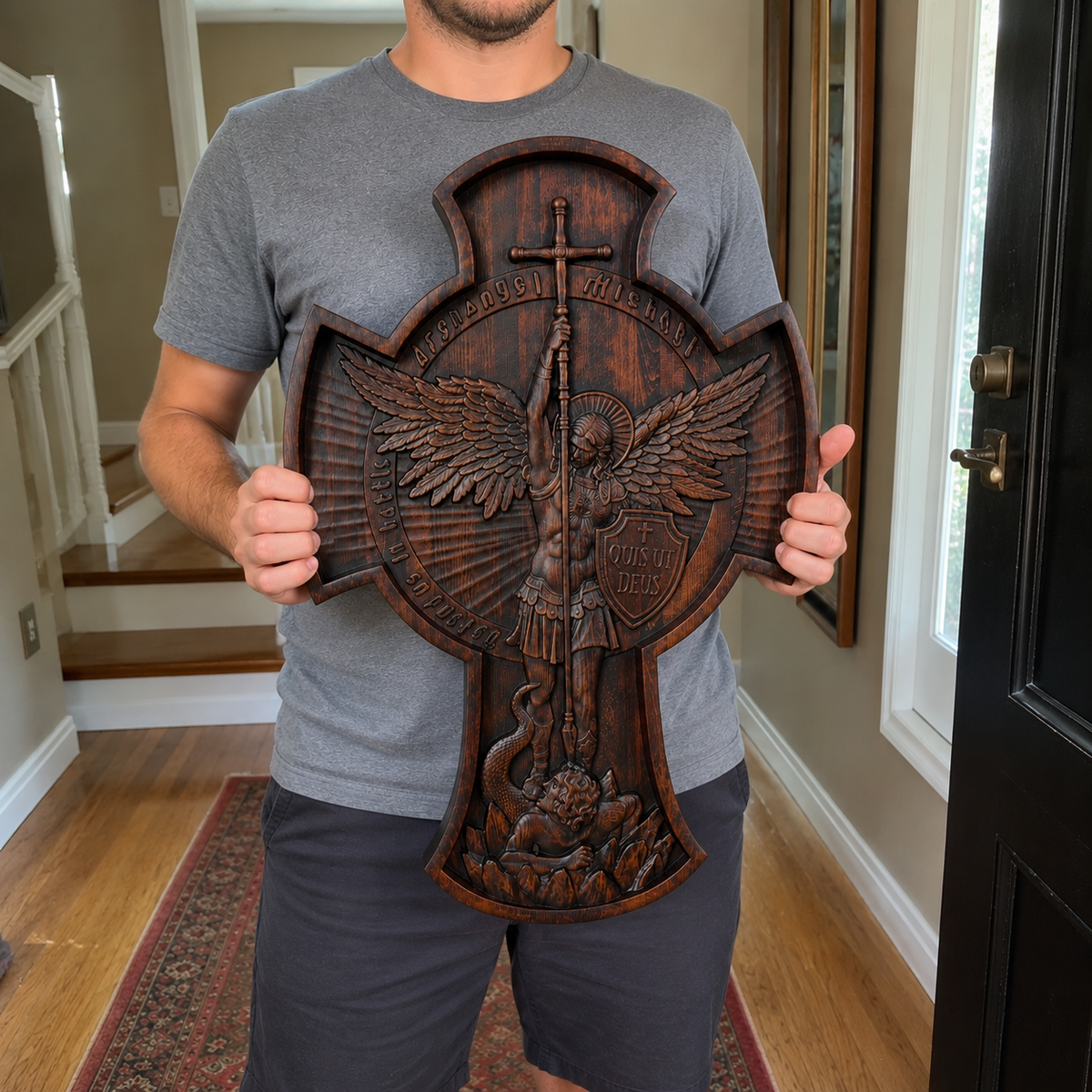 Hand-Carved Beechwood Archangel Michael Wall Cross – Quis Ut Deus Christian Home Decor