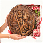 St.Christopher Christian Wood Carving Plaque/The patron saint of travelers - size and finish detail