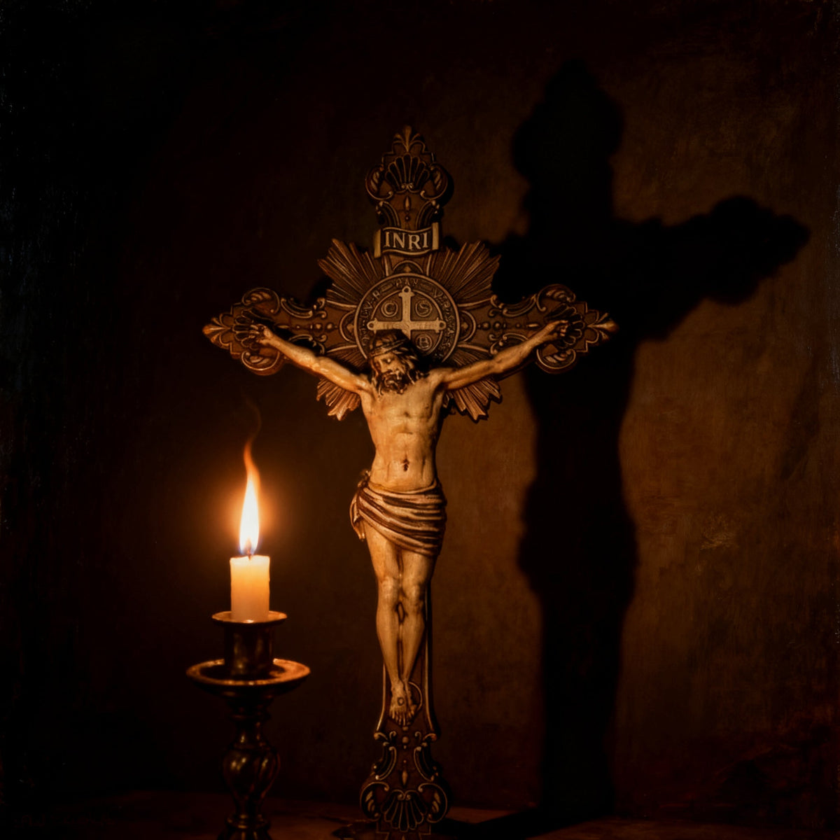 Wood carving of the Cross of the Order of Saint Benedict - with base - side view