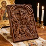 Handcarved Beechwood Crucifix Relief — Let His Sacrifice Settle Into Your Days - design detail