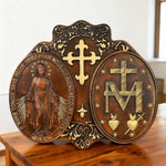 Miraculous Medal Wood Carving Decor - Medal of Our Lady of Graces - Christian gift presentation