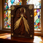 The Sacred Heart and Divine Mercy Jesus Christ Wood Wall Plaque - size and finish detail
