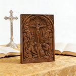 Handcarved Beechwood Crucifix Relief — Let His Sacrifice Settle Into Your Days - side view
