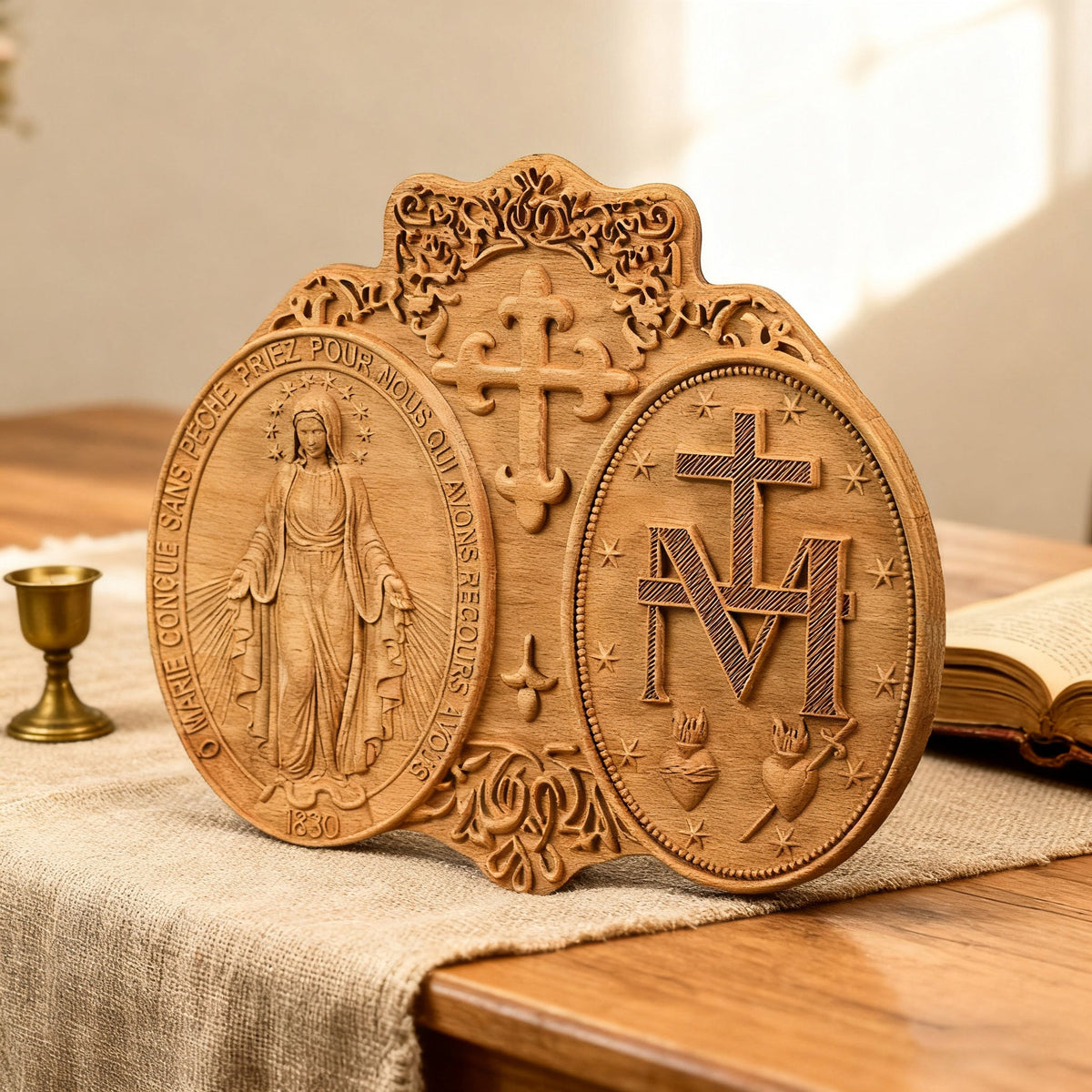 Miraculous Medal Wood Carving Decor - Medal of Our Lady of Graces - design detail