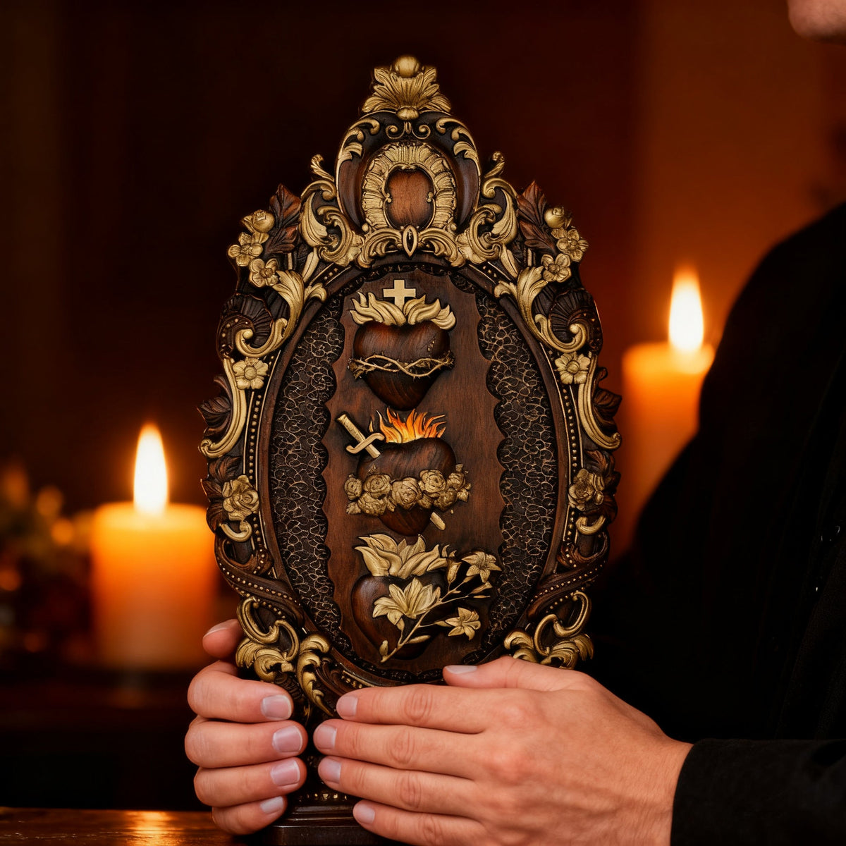 Three Sacred Hearts of the Holy Family | Solid Wood Carving Gift for Christian home prayer space