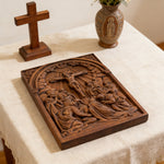 Handcarved Beechwood Crucifix Relief — Let His Sacrifice Settle Into Your Days - side view