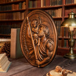 St.Christopher Christian Wood Carving Plaque/The patron saint of travelers - design detail