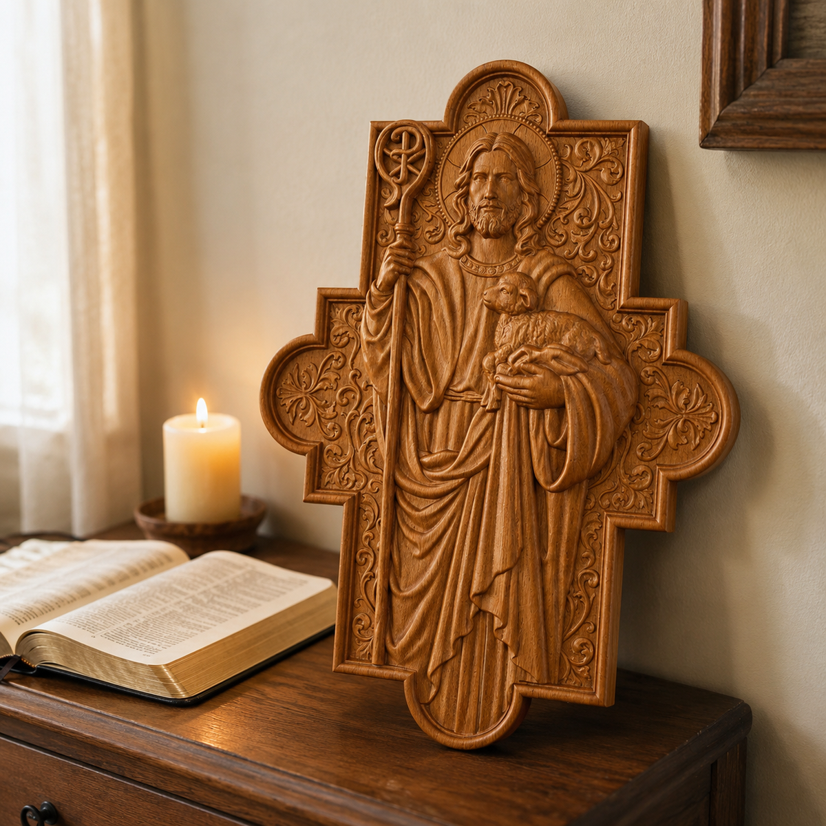 God's Shepherd religious gift Wooden carved chrirstian wall art