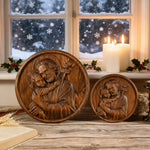 Joseph and Baby Jesus wood carving plaque - Father‘s day gift - size and finish detail