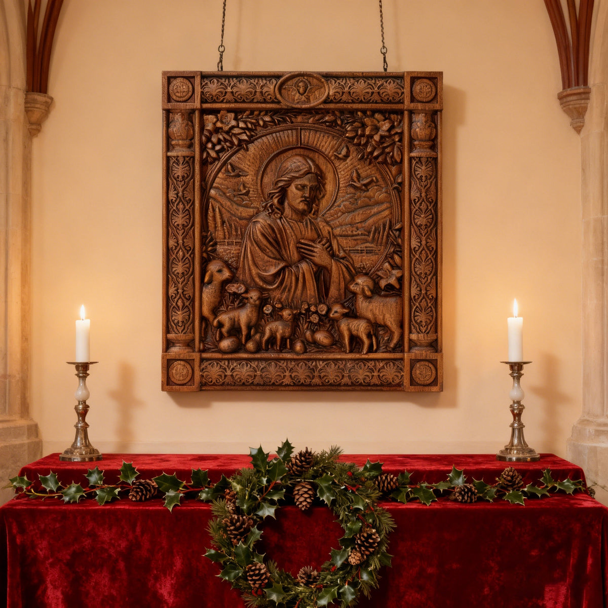 The Good Shepherd Beechwood Icon – Hand-Carved Christian Home Decor | Christ the Shepherd Wall Art - design detail