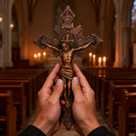 Wood Carving of Jesus Cross with St. Benedict's Exorcism - size and finish detail