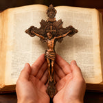 Wood Carving of Jesus Cross with St. Benedict's Exorcism - gift presentation