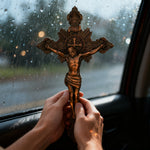 Wood Carving of Jesus Cross with St. Benedict's Exorcism - design detail