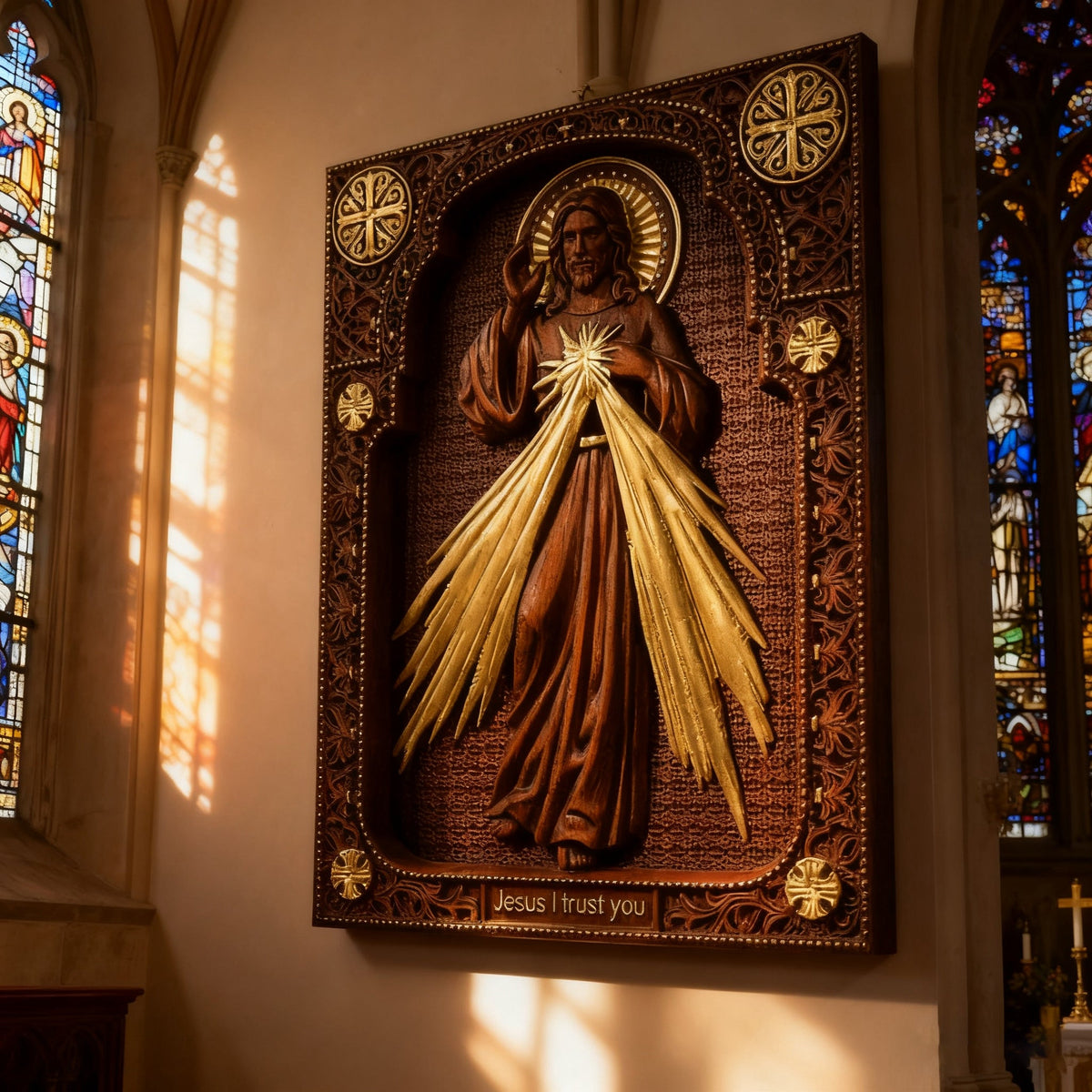 The Sacred Heart and Divine Mercy Jesus Christ Wood Wall Plaque - design detail
