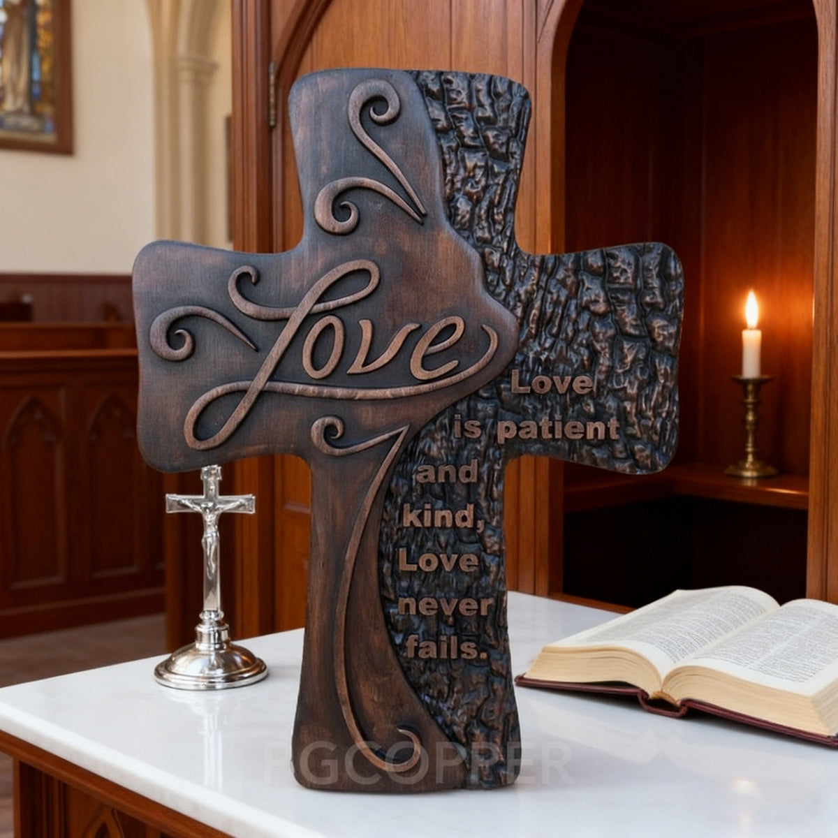 Ornate "Love" "Faith" "Hope" Wooden Cross, Solid Wood Cross - design detail